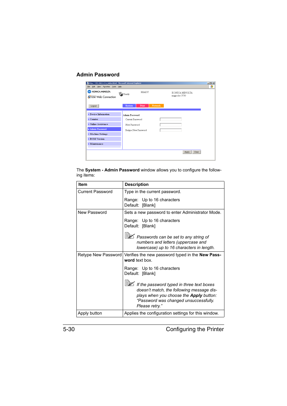 Admin password, Admin password -30 | Konica Minolta magicolor 3730DN User Manual | Page 167 / 187