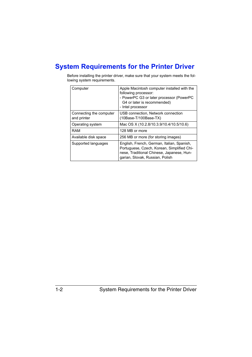 System requirements for the printer driver, System requirements for the printer driver -2, System requirements for the printer driver 1-2 | Konica Minolta magicolor 3730DN User Manual | Page 17 / 187