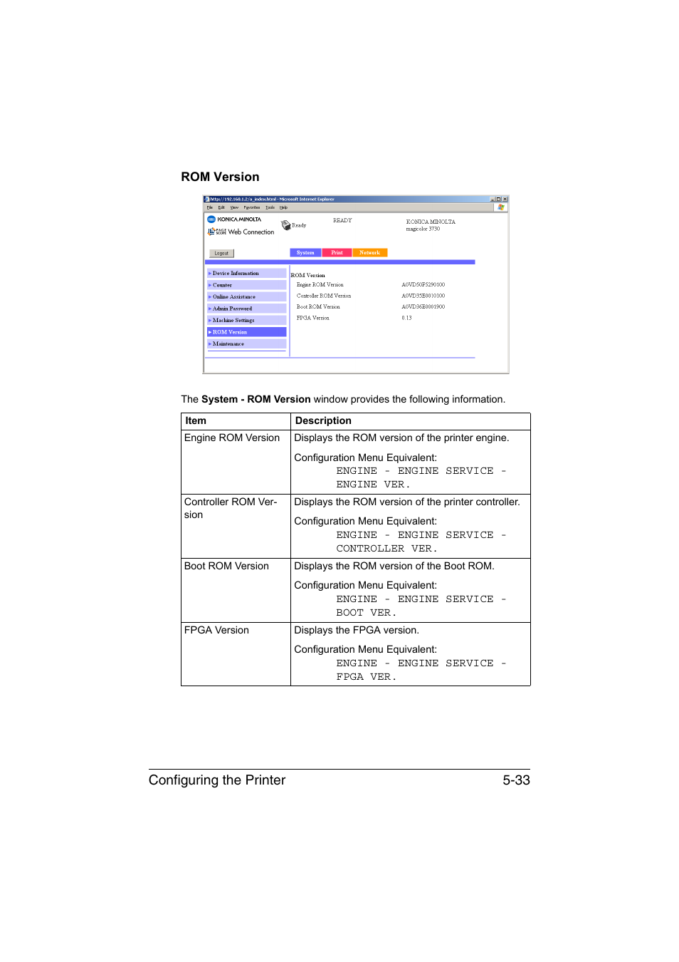 Rom version, Rom version -33, Configuring the printer 5-33 | Konica Minolta magicolor 3730DN User Manual | Page 170 / 187