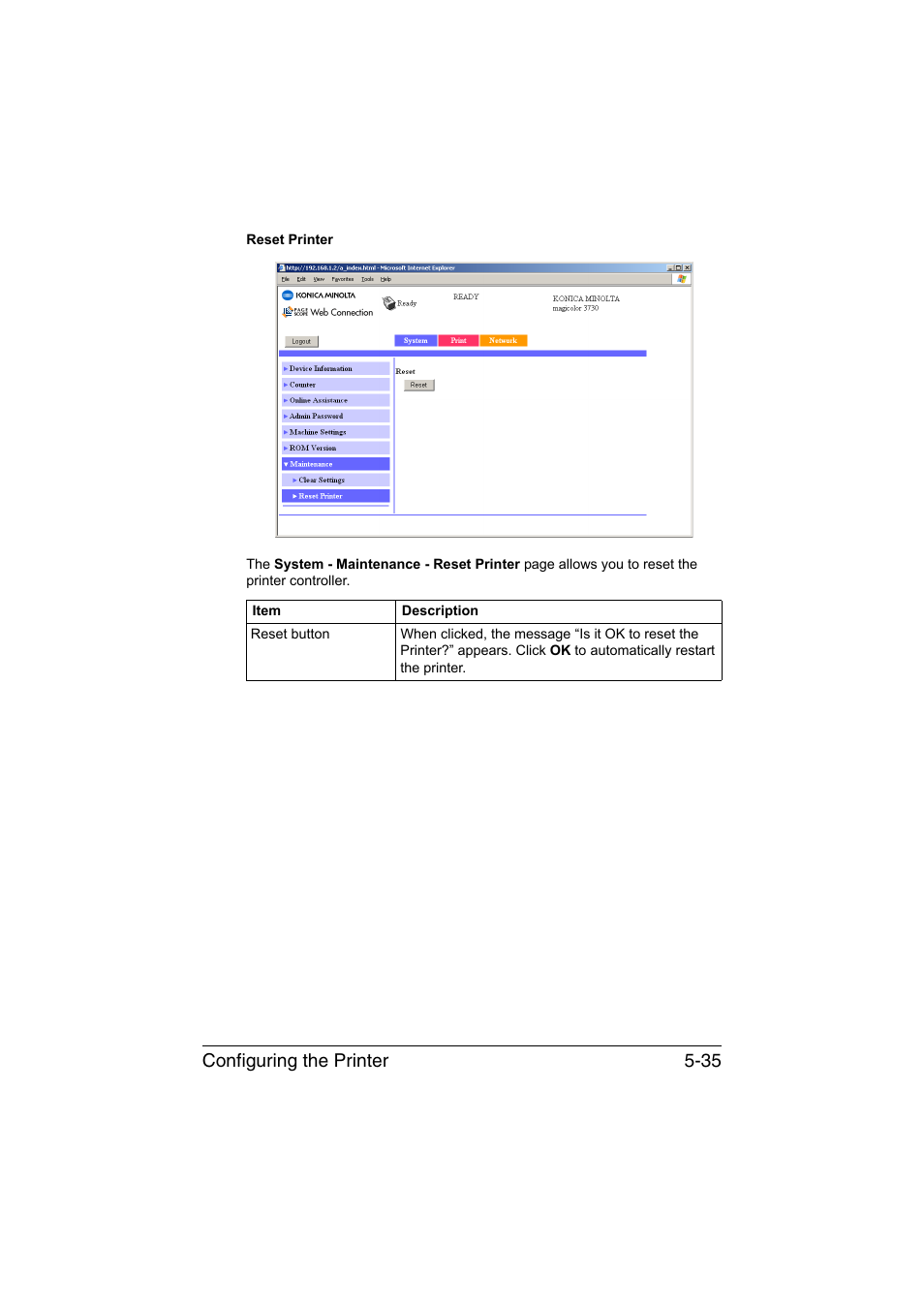 Configuring the printer 5-35 | Konica Minolta magicolor 3730DN User Manual | Page 172 / 187