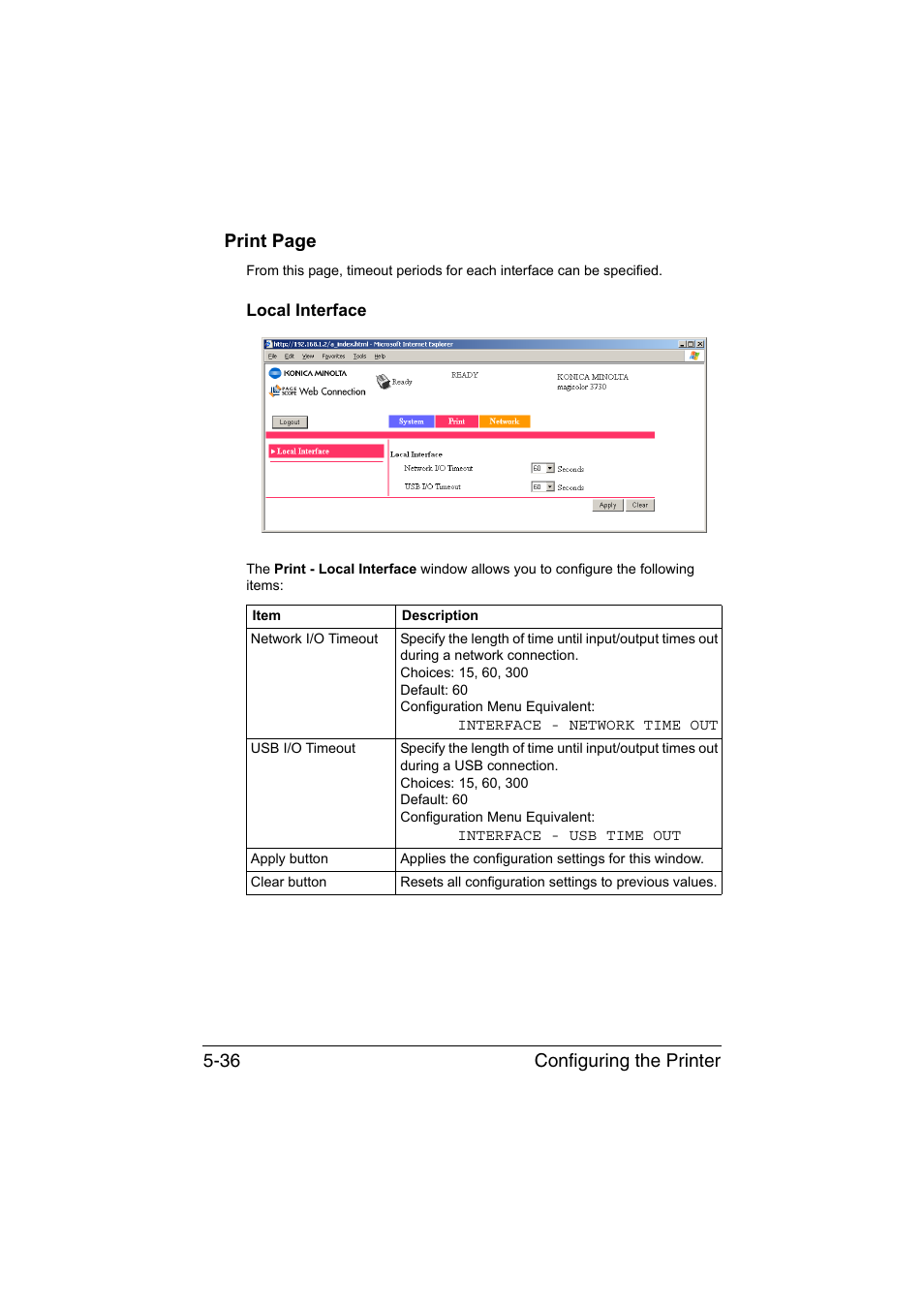 Local interface, Local interface -36, Configuring the printer 5-36 print page | Konica Minolta magicolor 3730DN User Manual | Page 173 / 187