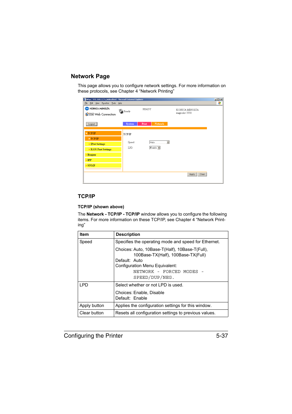 Tcp/ip, Tcp/ip -37, Configuring the printer 5-37 network page | Konica Minolta magicolor 3730DN User Manual | Page 174 / 187