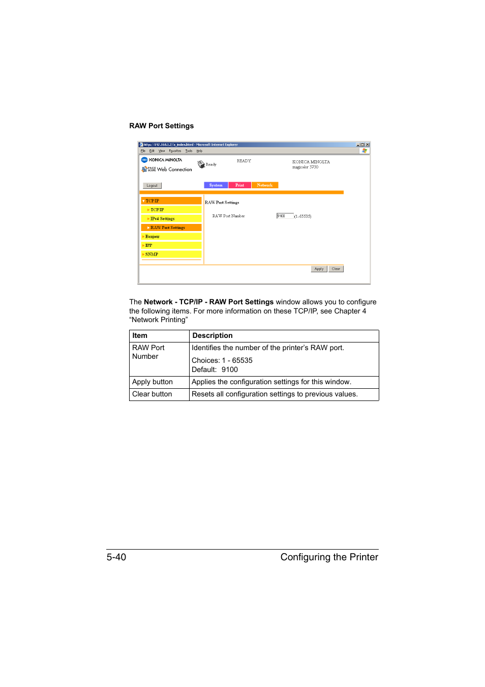 Configuring the printer 5-40 | Konica Minolta magicolor 3730DN User Manual | Page 177 / 187