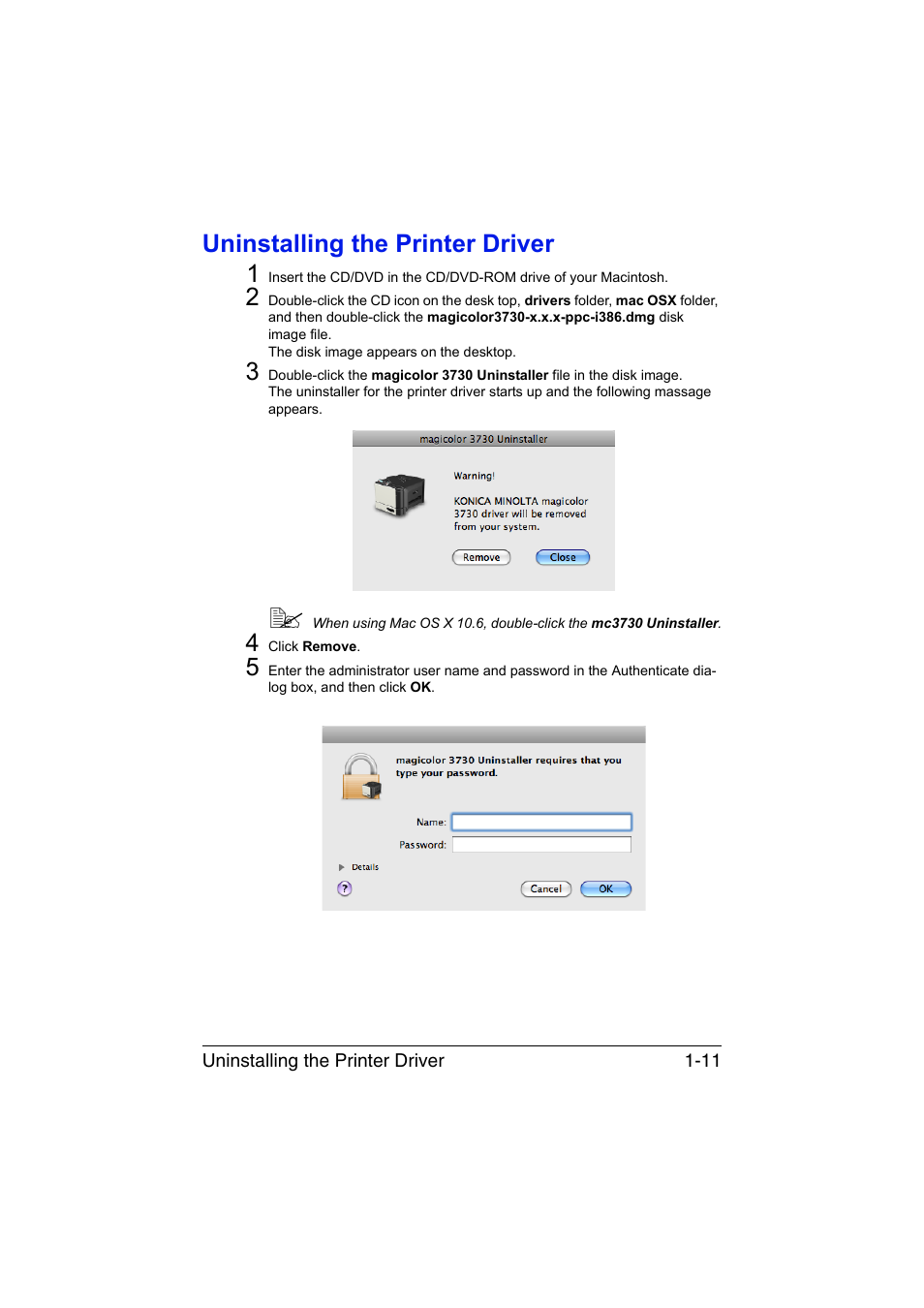 Uninstalling the printer driver, Uninstalling the printer driver -11, Uninstalling the printer driver 1 | Konica Minolta magicolor 3730DN User Manual | Page 26 / 187