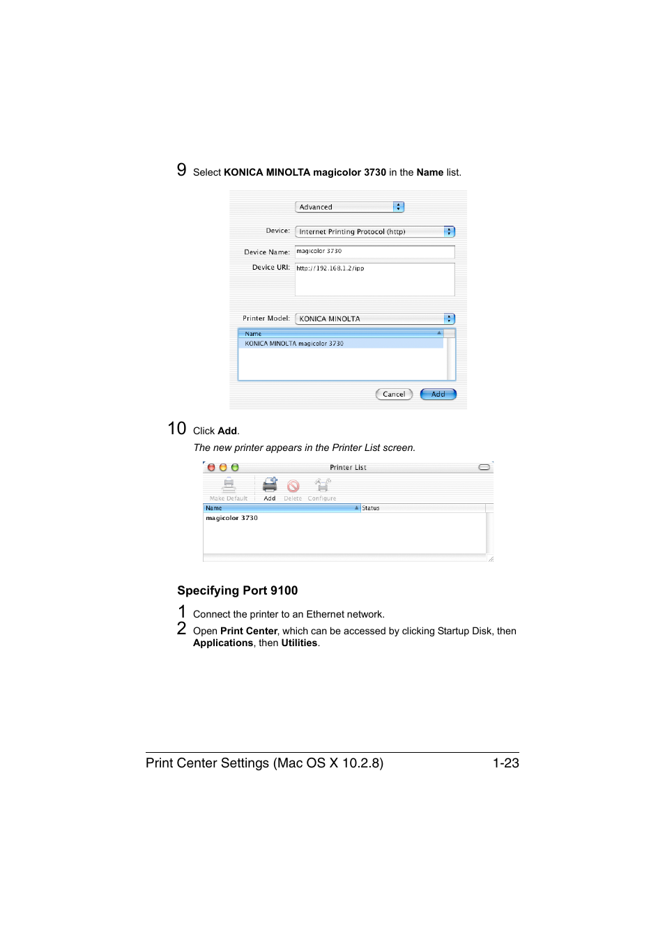 Specifying port 9100, Specifying port 9100 -23 | Konica Minolta magicolor 3730DN User Manual | Page 38 / 187