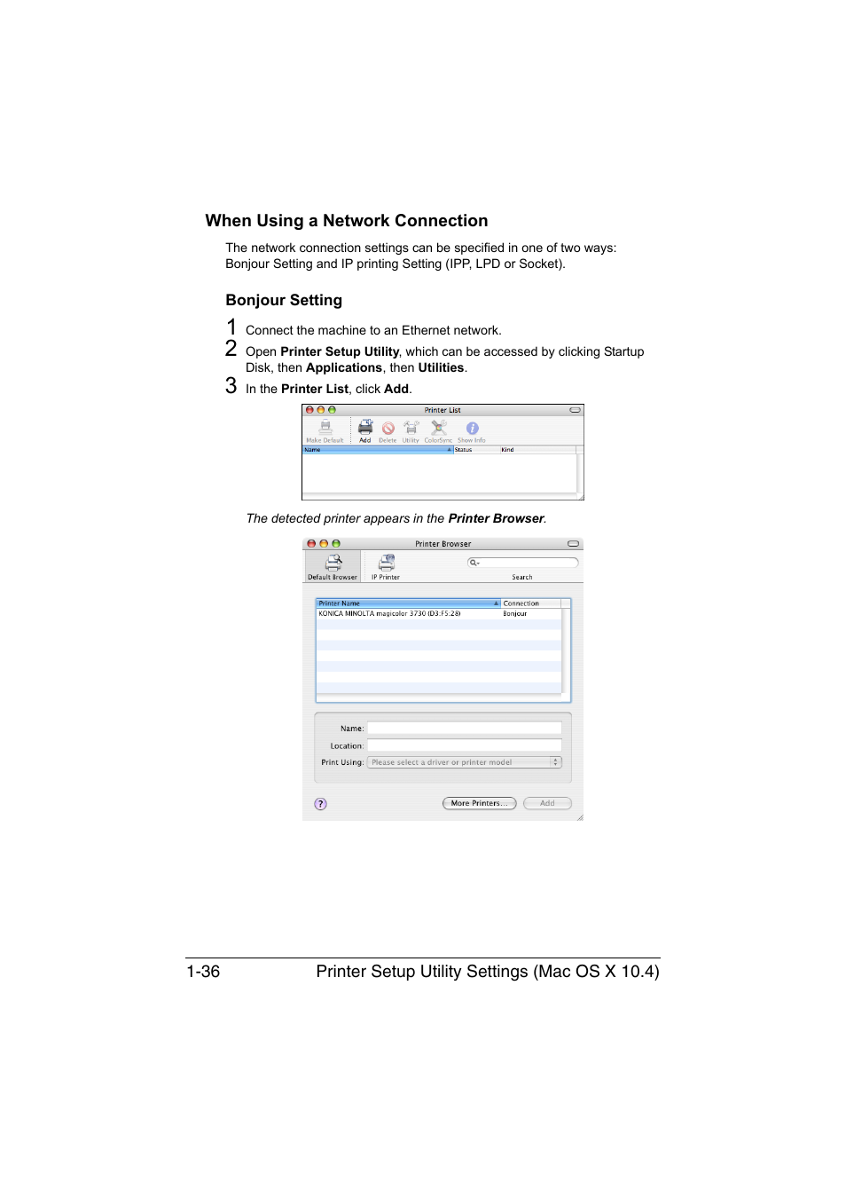 When using a network connection, Bonjour setting, When using a network connection -36 | Bonjour setting -36 | Konica Minolta magicolor 3730DN User Manual | Page 51 / 187