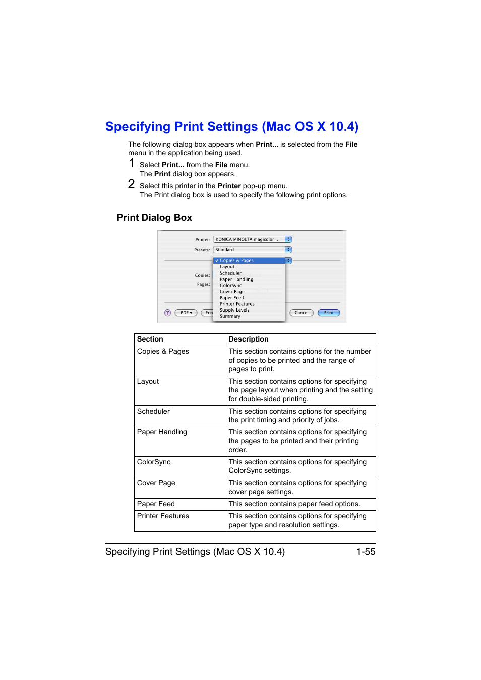 Specifying print settings (mac os x 10.4), Print dialog box, Specifying print settings (mac os x 10.4) -55 | Print dialog box -55 | Konica Minolta magicolor 3730DN User Manual | Page 70 / 187