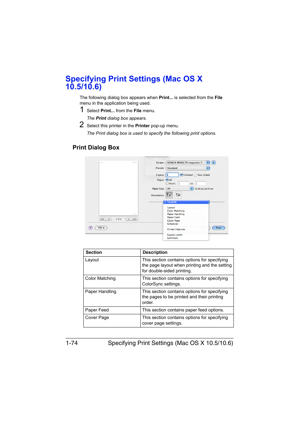 Specifying print settings (mac os x 10.5/10.6), Print dialog box, Specifying print settings (mac os x 10.5/10.6) -74 | Print dialog box -74 | Konica Minolta magicolor 3730DN User Manual | Page 89 / 187