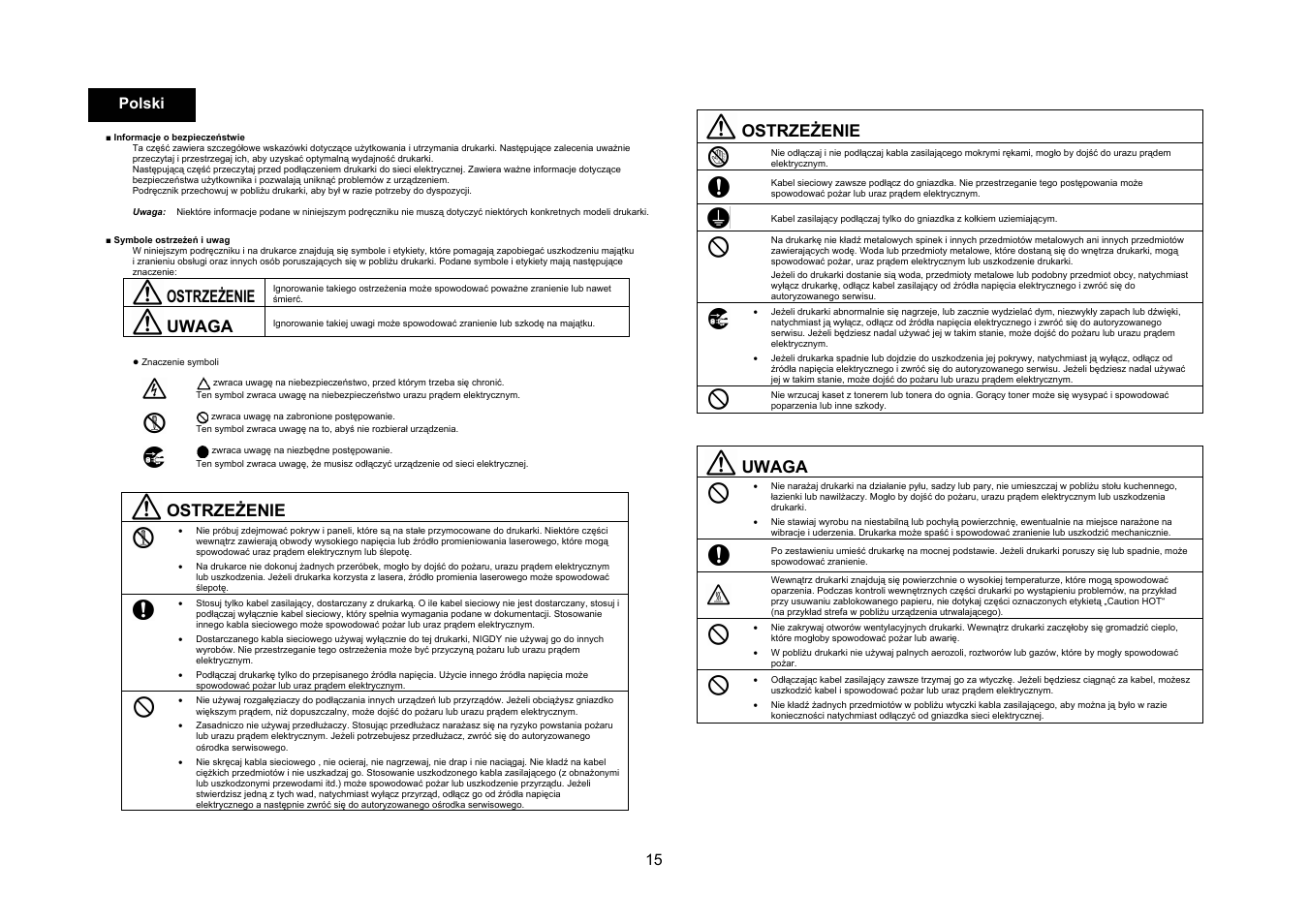 Ostrzeżenie, Uwaga, 15 polski | Konica Minolta PagePro 1350W User Manual | Page 16 / 46