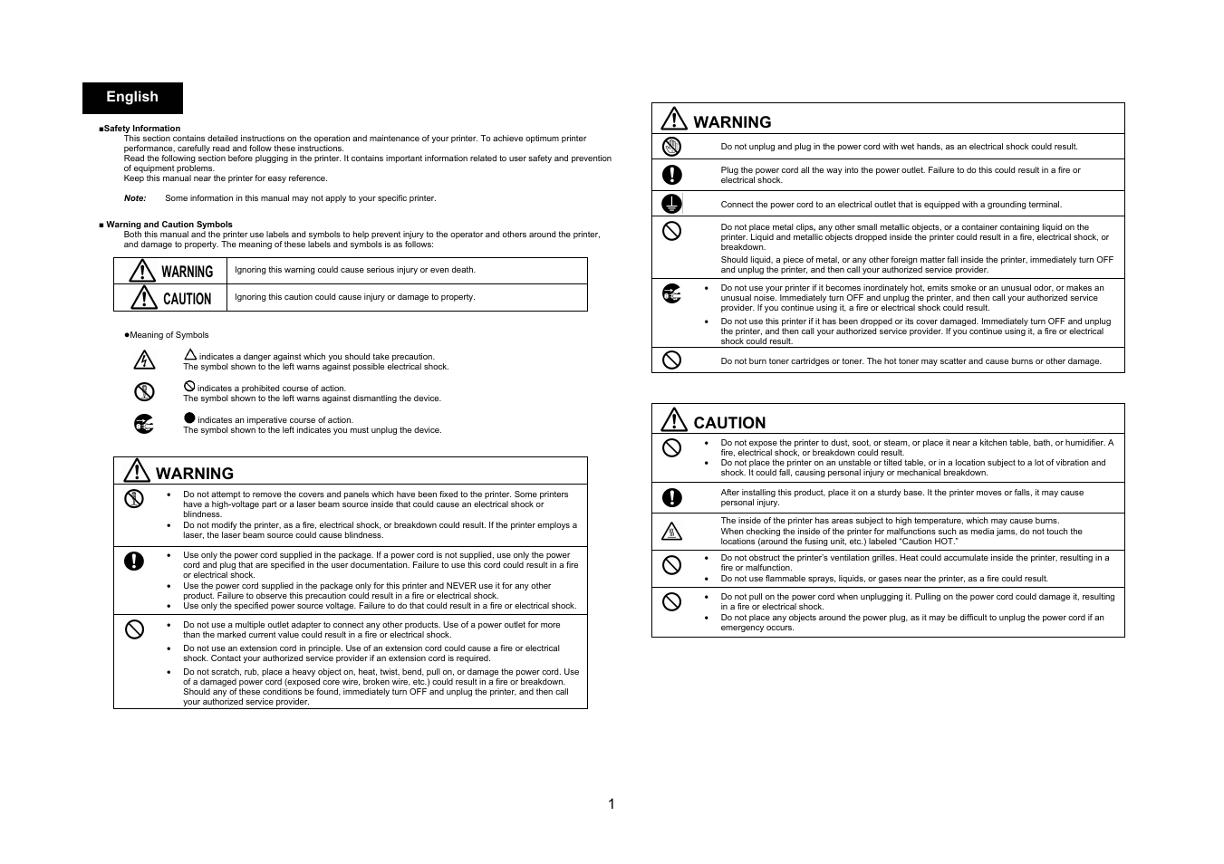 Warning, Caution, 1english | Konica Minolta PagePro 1350W User Manual | Page 2 / 46