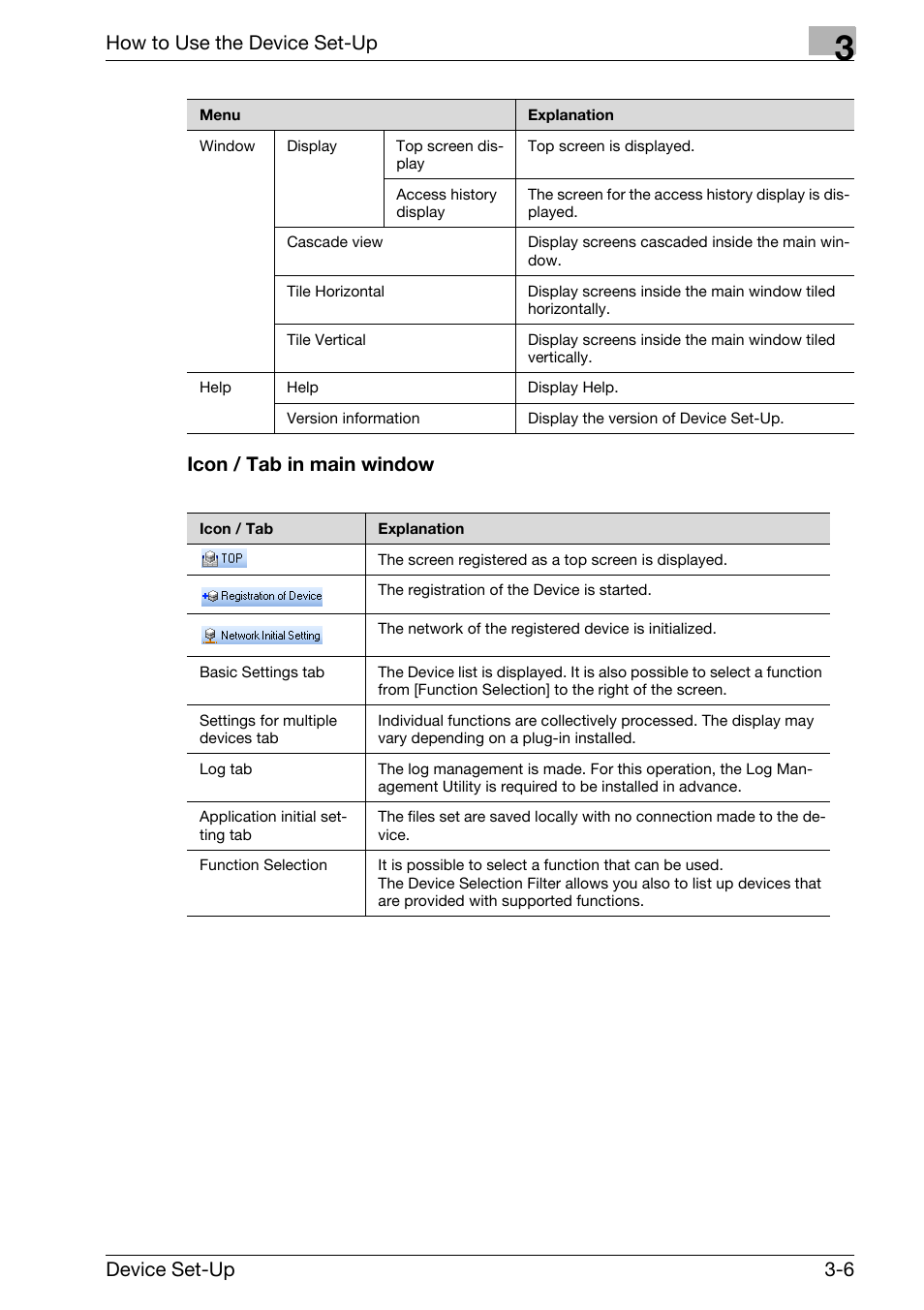 Icon / tab in main window -6, How to use the device set-up, Device set-up 3-6 icon / tab in main window | Konica Minolta Copy Protection Utility User Manual | Page 19 / 67