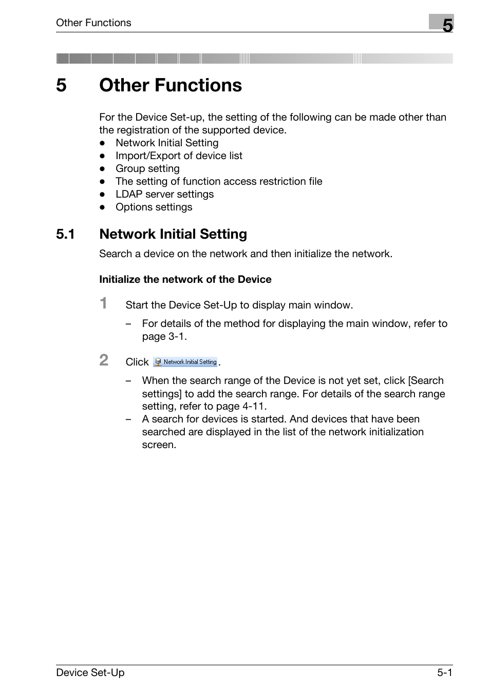5 other functions, 1 network initial setting, Other functions | Network initial setting -1, Initialize the network of the device -1, 5other functions | Konica Minolta Copy Protection Utility User Manual | Page 37 / 67