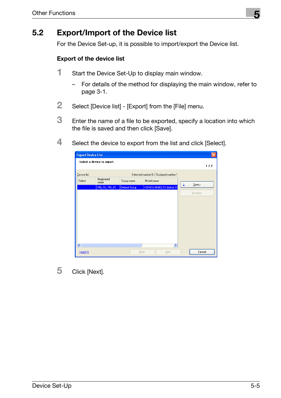 2 export/import of the device list, Export/import of the device list -5, Export of the device list -5 | Konica Minolta Copy Protection Utility User Manual | Page 41 / 67