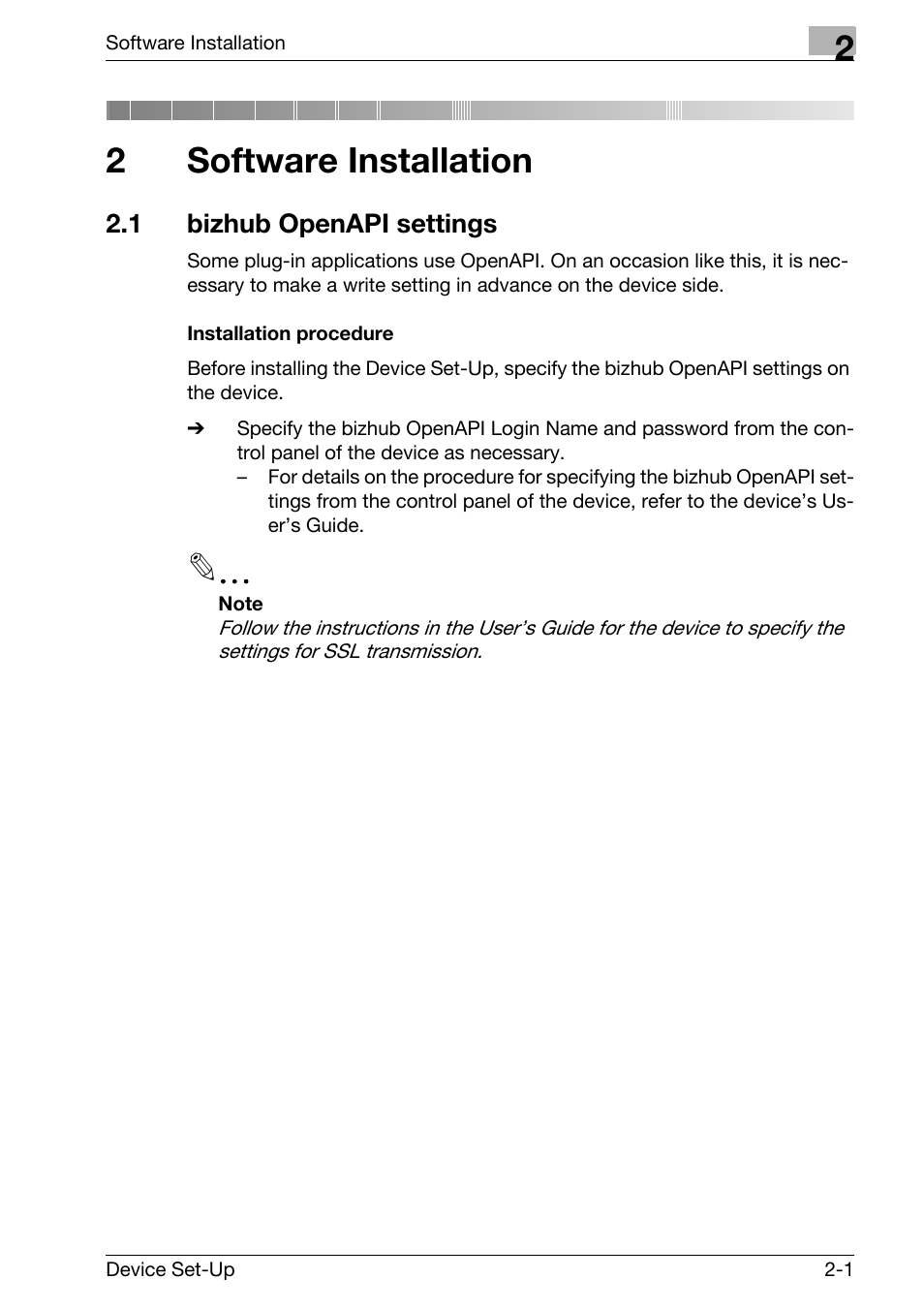 2 software installation, 1 bizhub openapi settings, Software installation | Bizhub openapi settings -1, Installation procedure -1, 2software installation | Konica Minolta Copy Protection Utility User Manual | Page 8 / 67