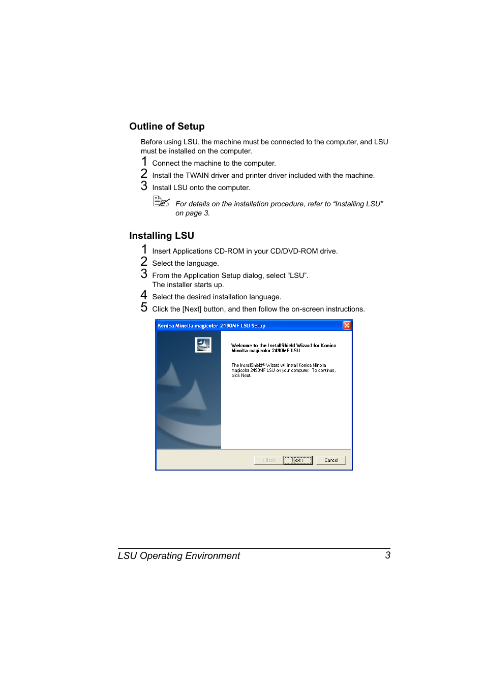 Outline of setup, Installing lsu, Outline of setup 3 installing lsu 3 | Konica Minolta Magicolor 2490MF User Manual | Page 11 / 90