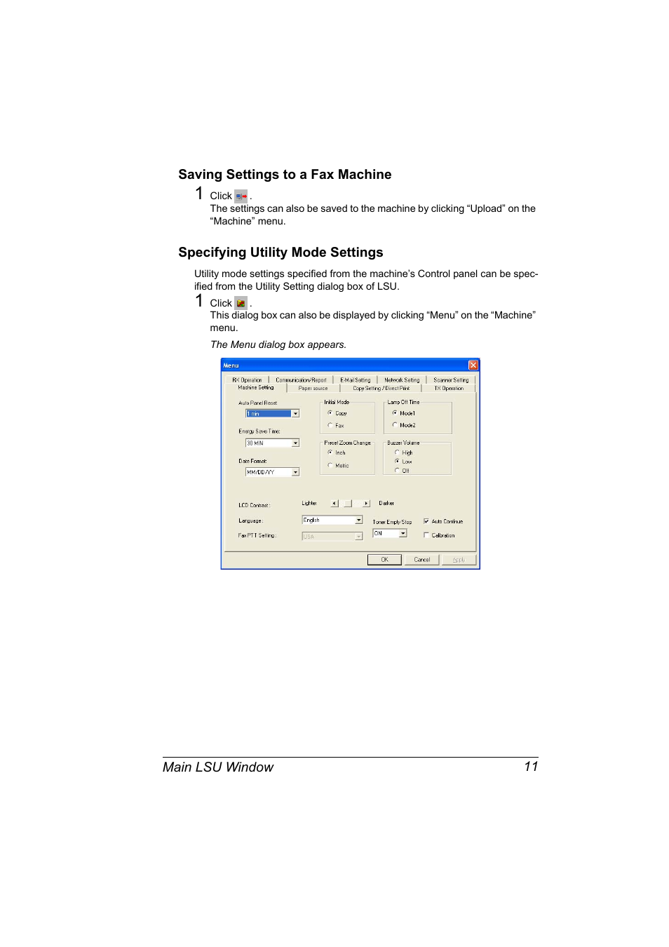 Saving settings to a fax machine, Specifying utility mode settings | Konica Minolta Magicolor 2490MF User Manual | Page 19 / 90