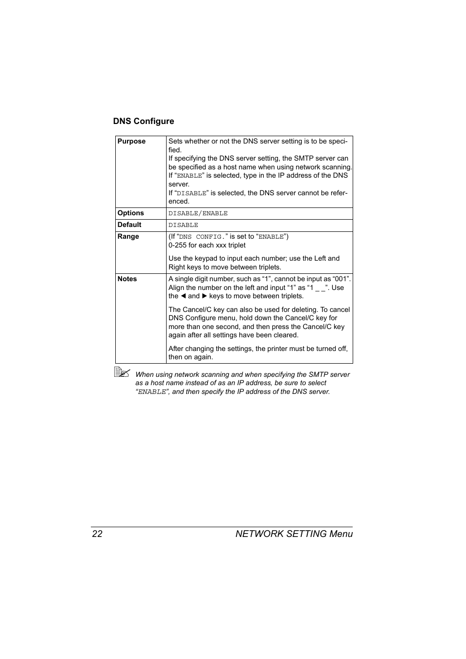 Dns configure, Dns configure 22, Network setting menu 22 | Konica Minolta Magicolor 2490MF User Manual | Page 30 / 90