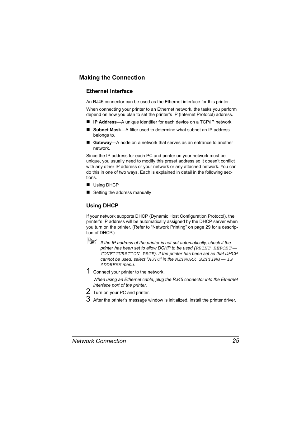 Making the connection, Ethernet interface, Using dhcp | Making the connection 25, Ethernet interface 25 using dhcp 25 | Konica Minolta Magicolor 2490MF User Manual | Page 33 / 90