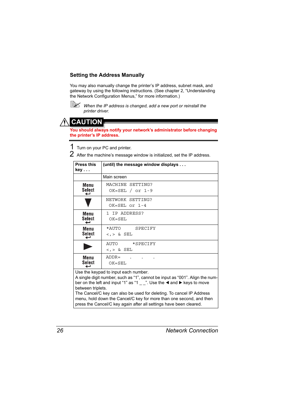 Setting the address manually, Setting the address manually 26, Caution | Konica Minolta Magicolor 2490MF User Manual | Page 34 / 90