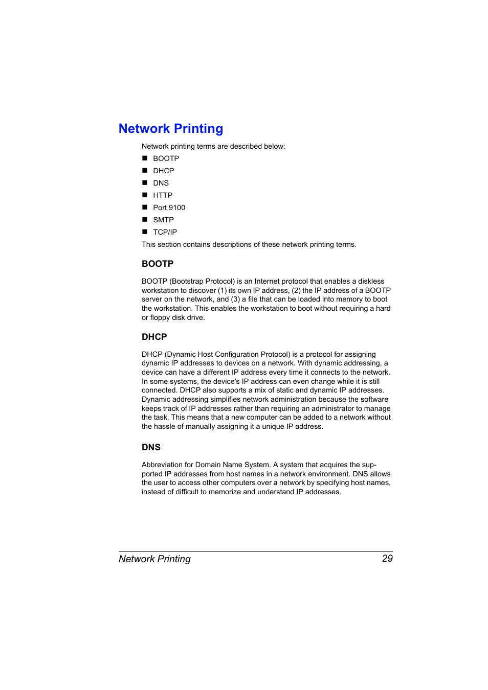 Network printing, Bootp, Dhcp | Network printing 29, Bootp 29 dhcp 29 dns 29 | Konica Minolta Magicolor 2490MF User Manual | Page 37 / 90