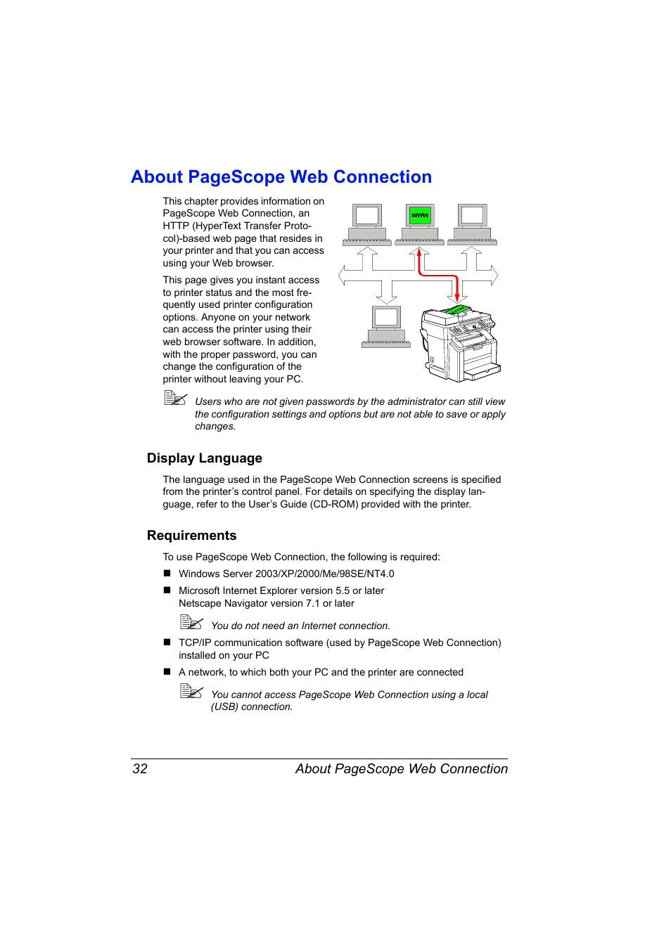 Display language, Requirements, Display language 32 requirements 32 | About pagescope web connection | Konica Minolta Magicolor 2490MF User Manual | Page 40 / 90