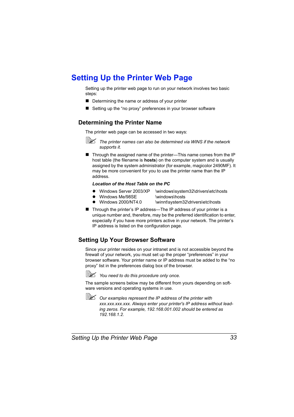 Determining the printer name, Setting up your browser software, Setting up the printer web page | Konica Minolta Magicolor 2490MF User Manual | Page 41 / 90