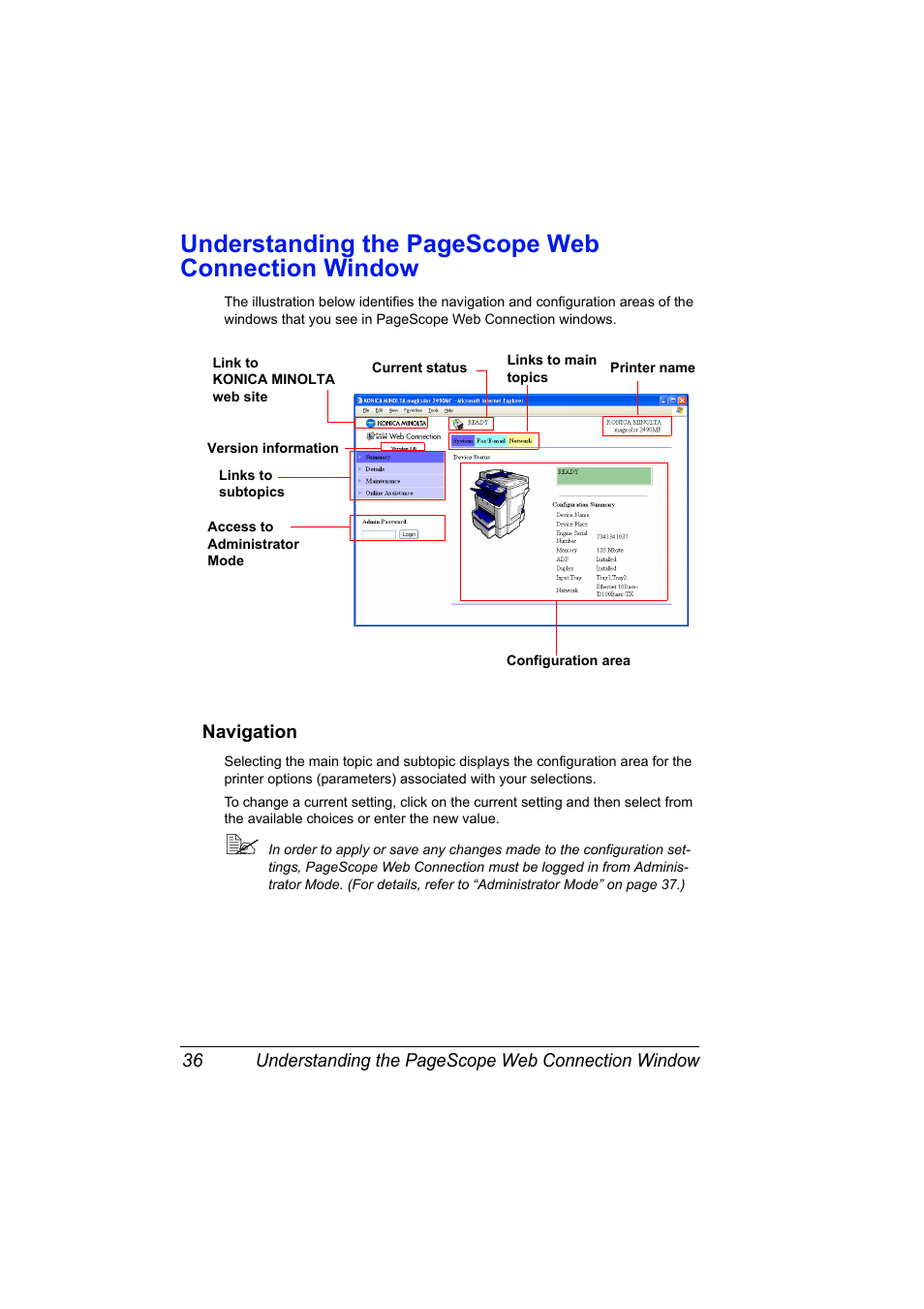 Navigation, Navigation 36, Understanding the pagescope web connection window | Konica Minolta Magicolor 2490MF User Manual | Page 44 / 90