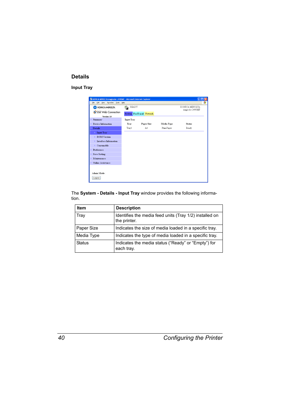 Details, Details 40, Configuring the printer 40 | Konica Minolta Magicolor 2490MF User Manual | Page 48 / 90