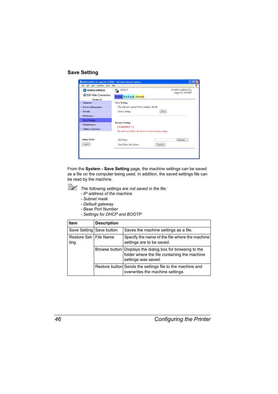 Save setting, Save setting 46 | Konica Minolta Magicolor 2490MF User Manual | Page 54 / 90