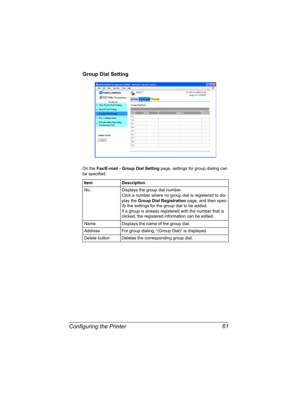 Group dial setting, Group dial setting 61, Configuring the printer 61 | Konica Minolta Magicolor 2490MF User Manual | Page 69 / 90