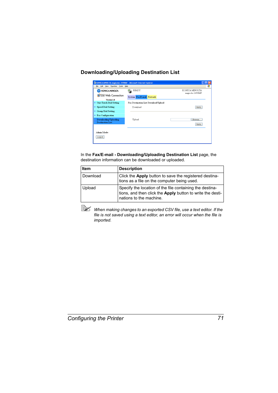 Downloading/uploading destination list, Downloading/uploading destination list 71 | Konica Minolta Magicolor 2490MF User Manual | Page 79 / 90