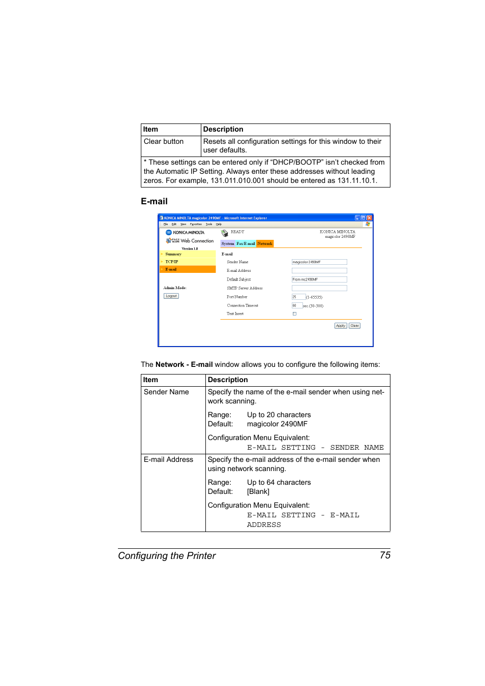 E-mail, E-mail 75, Configuring the printer 75 | Konica Minolta Magicolor 2490MF User Manual | Page 83 / 90