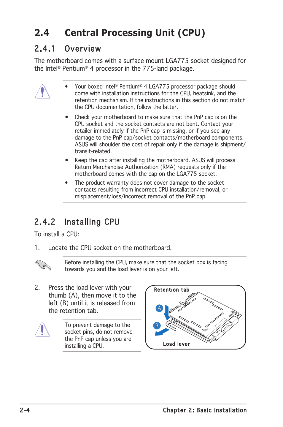 4 central processing unit (cpu), 1 overview, 2 installing cpu | Asus V2-PE3 User Manual | Page 20 / 85