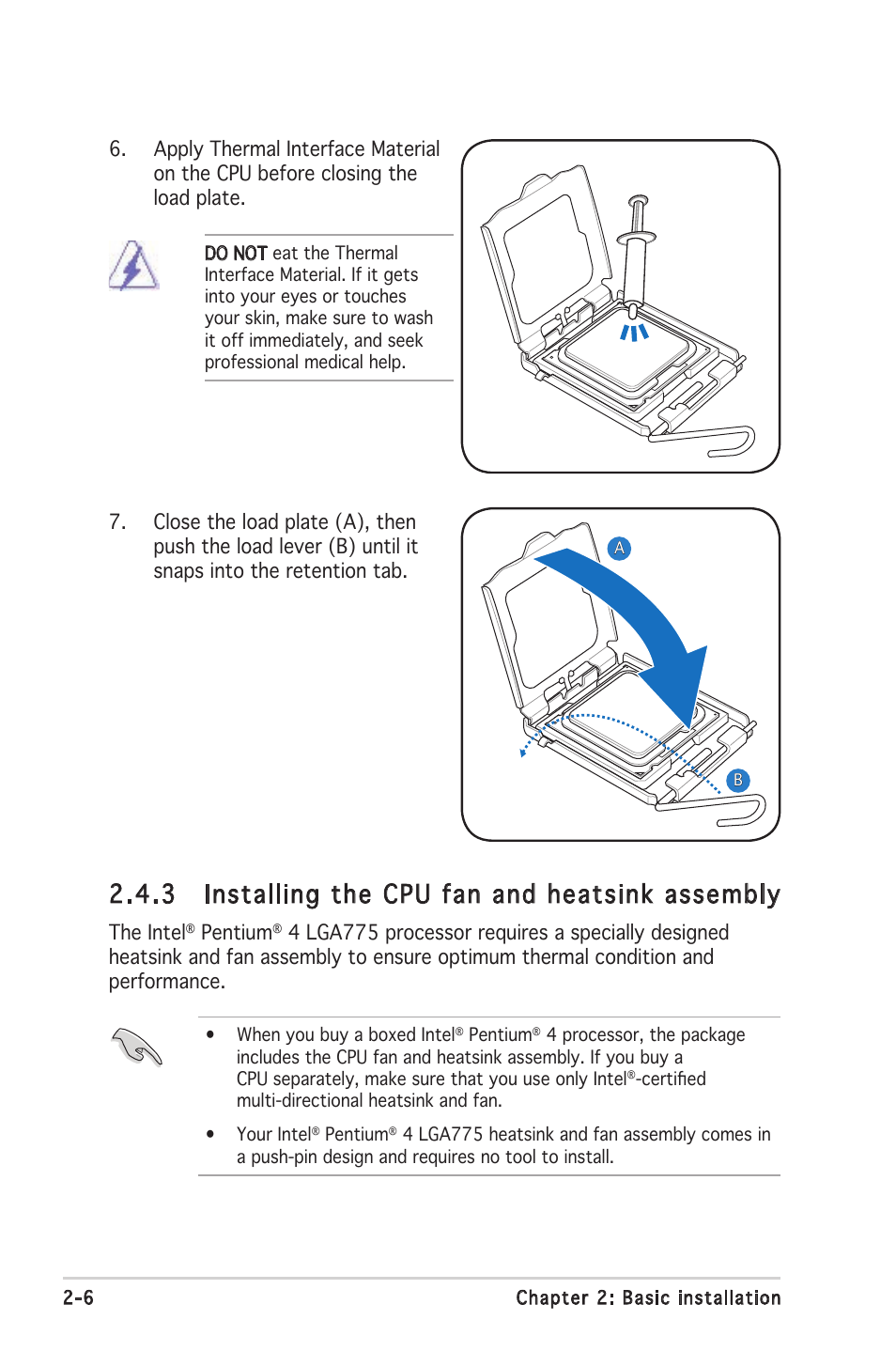 3 installing the cpu fan and heatsink assembly | Asus V2-PE3 User Manual | Page 22 / 85