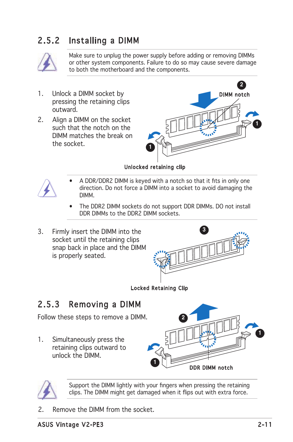 3 removing a dimm, 2 installing a dimm | Asus V2-PE3 User Manual | Page 27 / 85