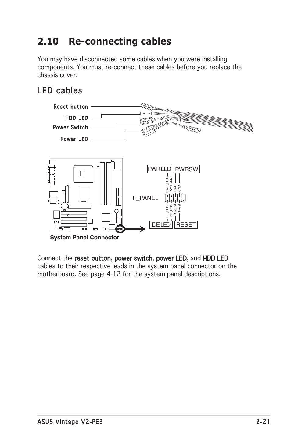 10 re-connecting cables, Led cables | Asus V2-PE3 User Manual | Page 37 / 85