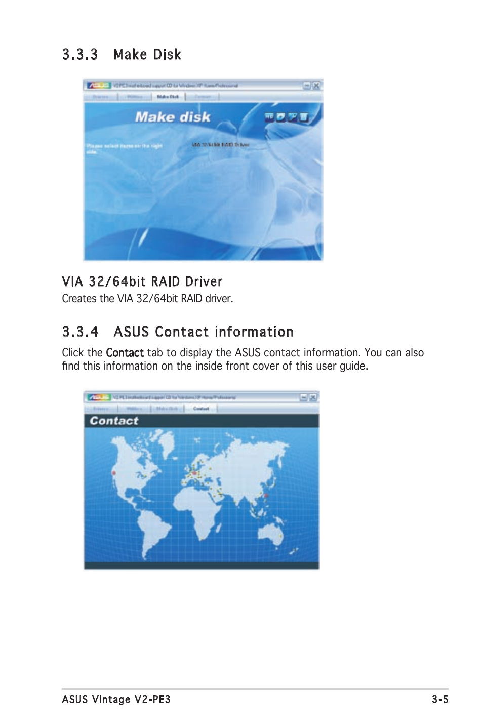 3 make disk, 4 asus contact information | Asus V2-PE3 User Manual | Page 43 / 85