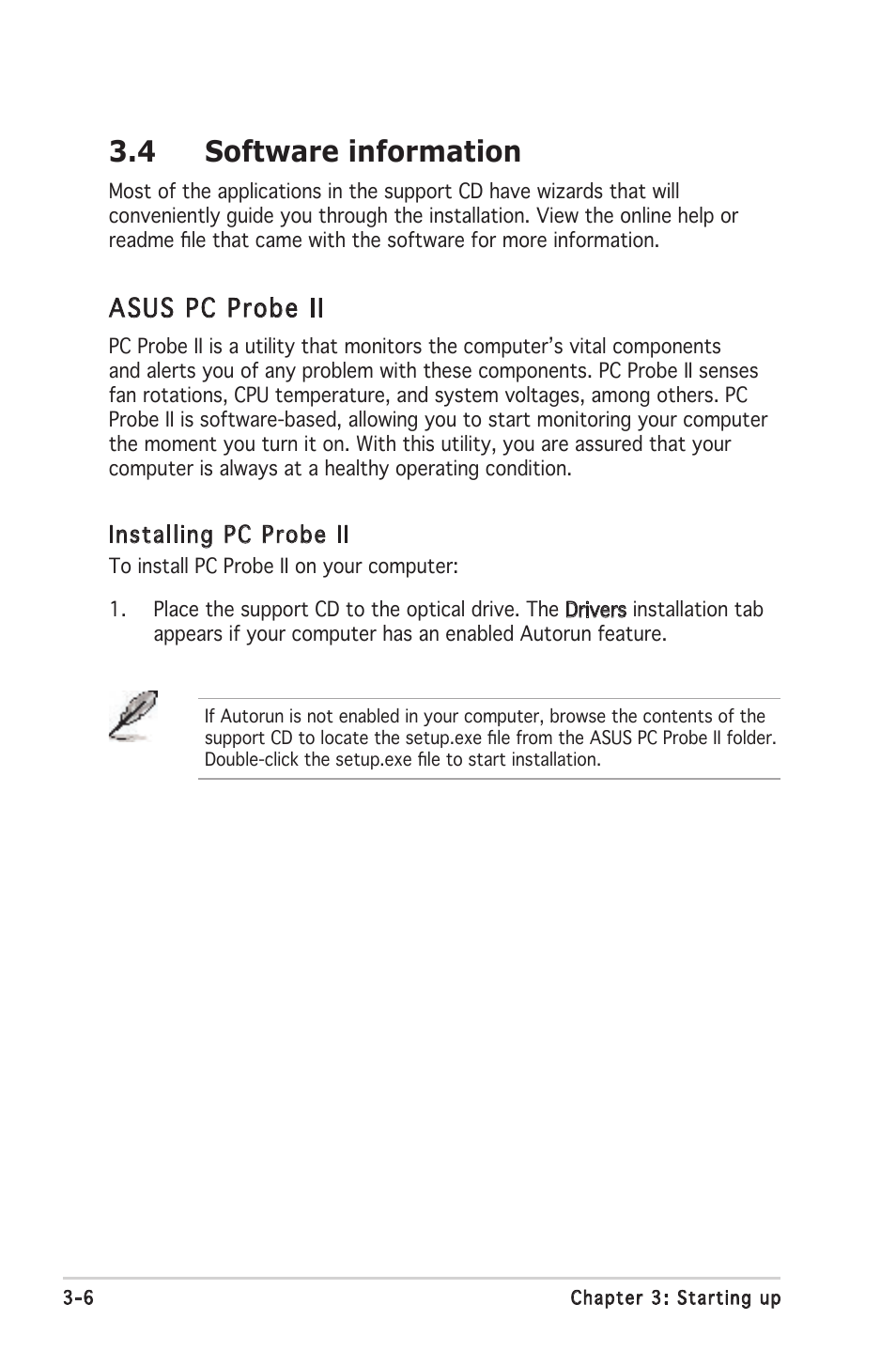 4 software information, Asus pc probe ii | Asus V2-PE3 User Manual | Page 44 / 85