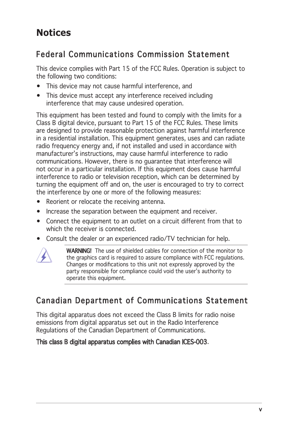 Notices, Federal communications commission statement, Canadian department of communications statement | Asus V2-PE3 User Manual | Page 5 / 85