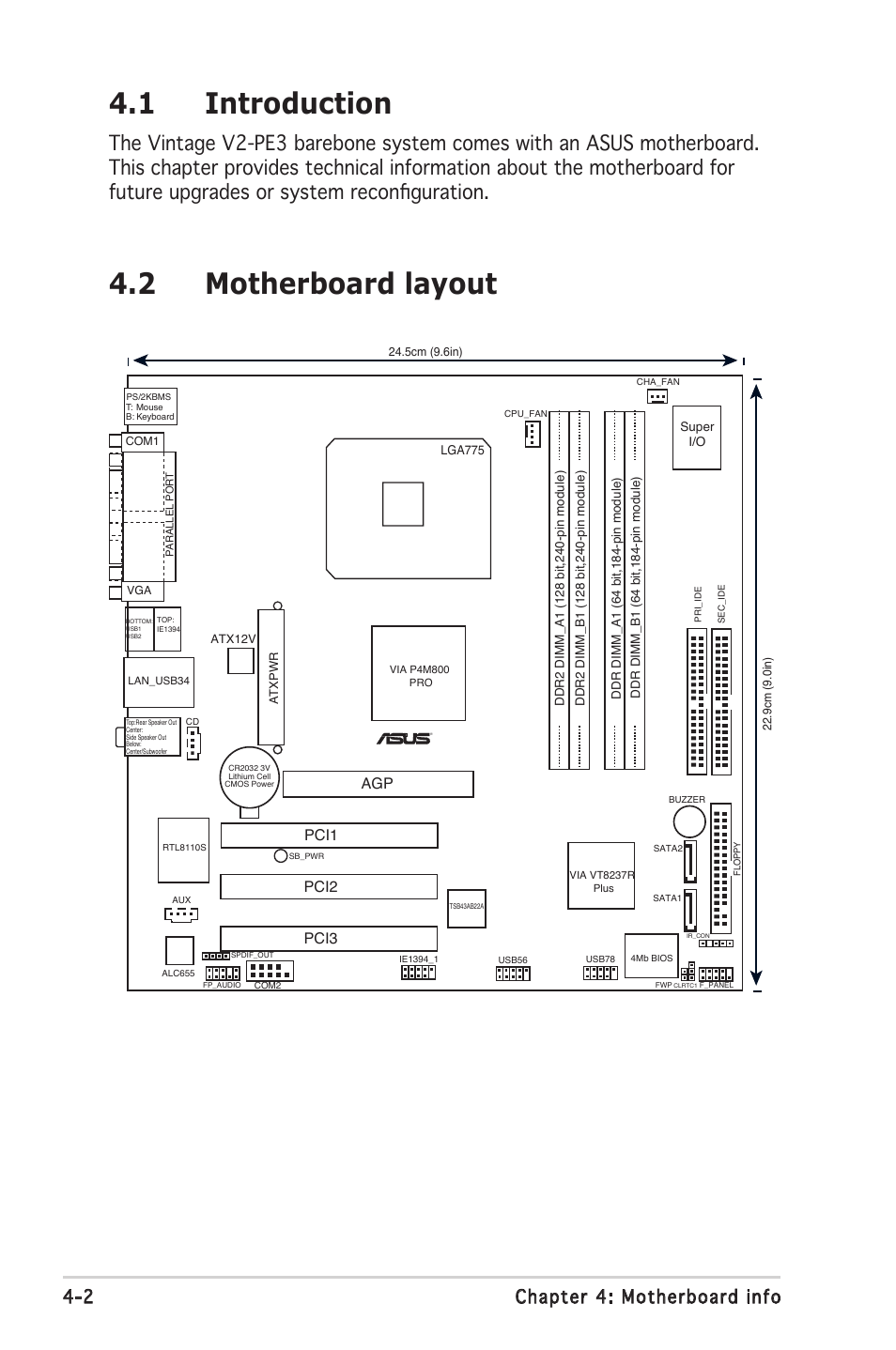 1 introduction, 2 motherboard layout, 2 chapter 4: motherboard info | Agp pci1 pci2 pci3 | Asus V2-PE3 User Manual | Page 52 / 85