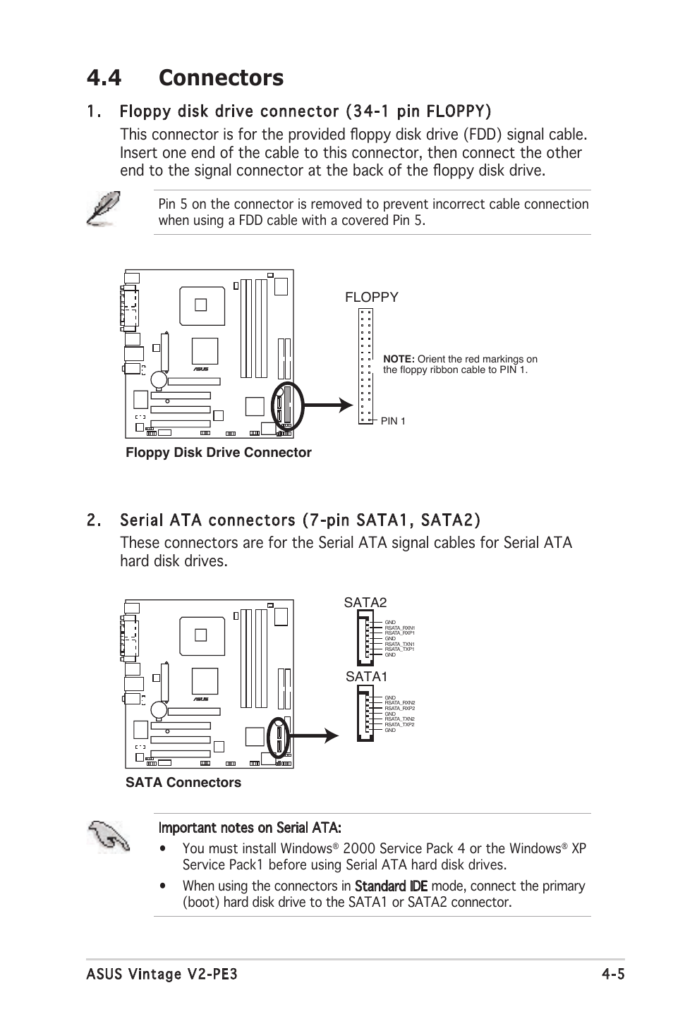 4 connectors, 5 asus vintage v2-pe3, Floppy sata connectors sata2 | Sata1 | Asus V2-PE3 User Manual | Page 55 / 85