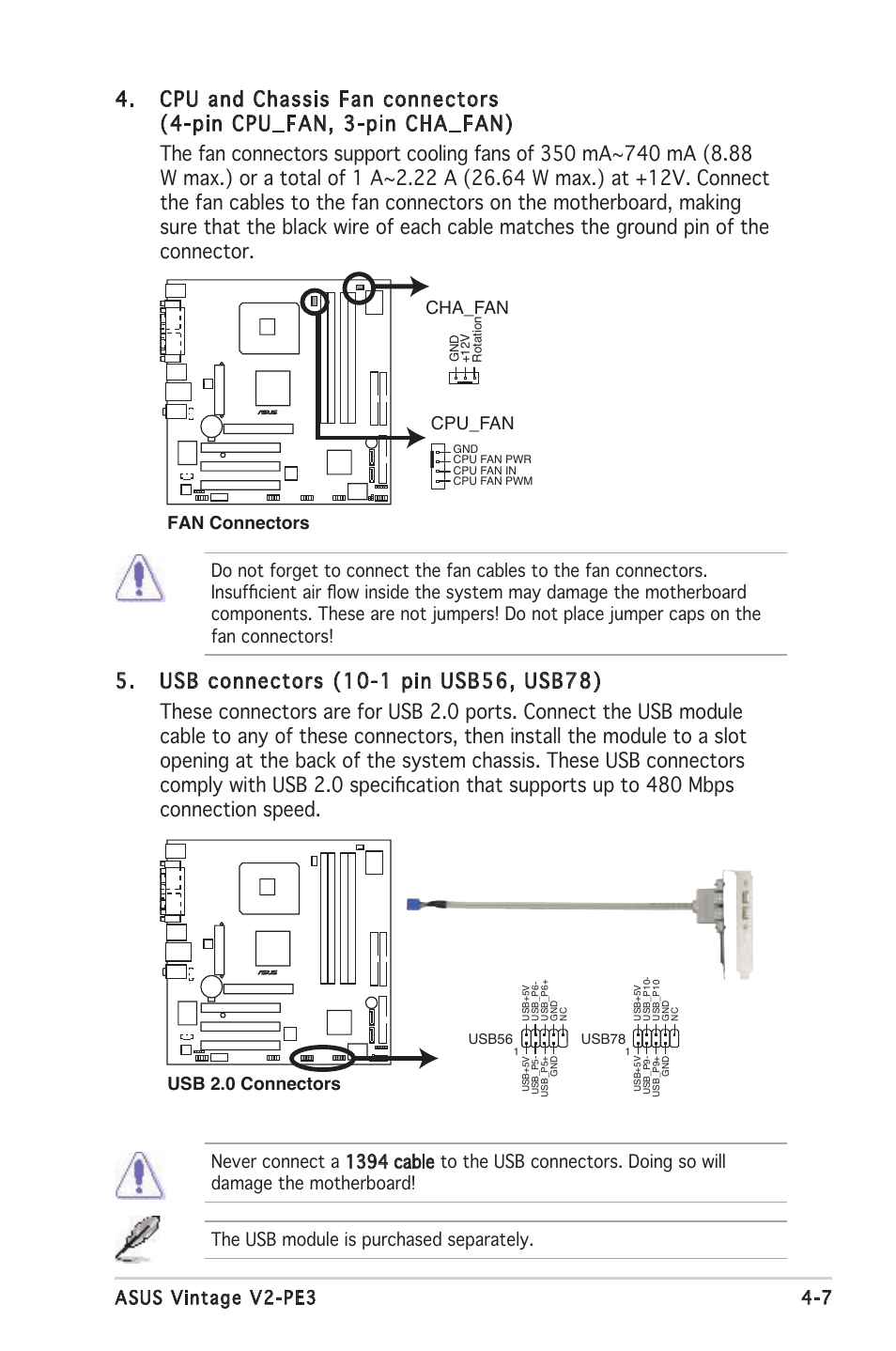 The usb module is purchased separately, Cpu_fan, Cha_fan | Usb 2.0 connectors | Asus V2-PE3 User Manual | Page 57 / 85