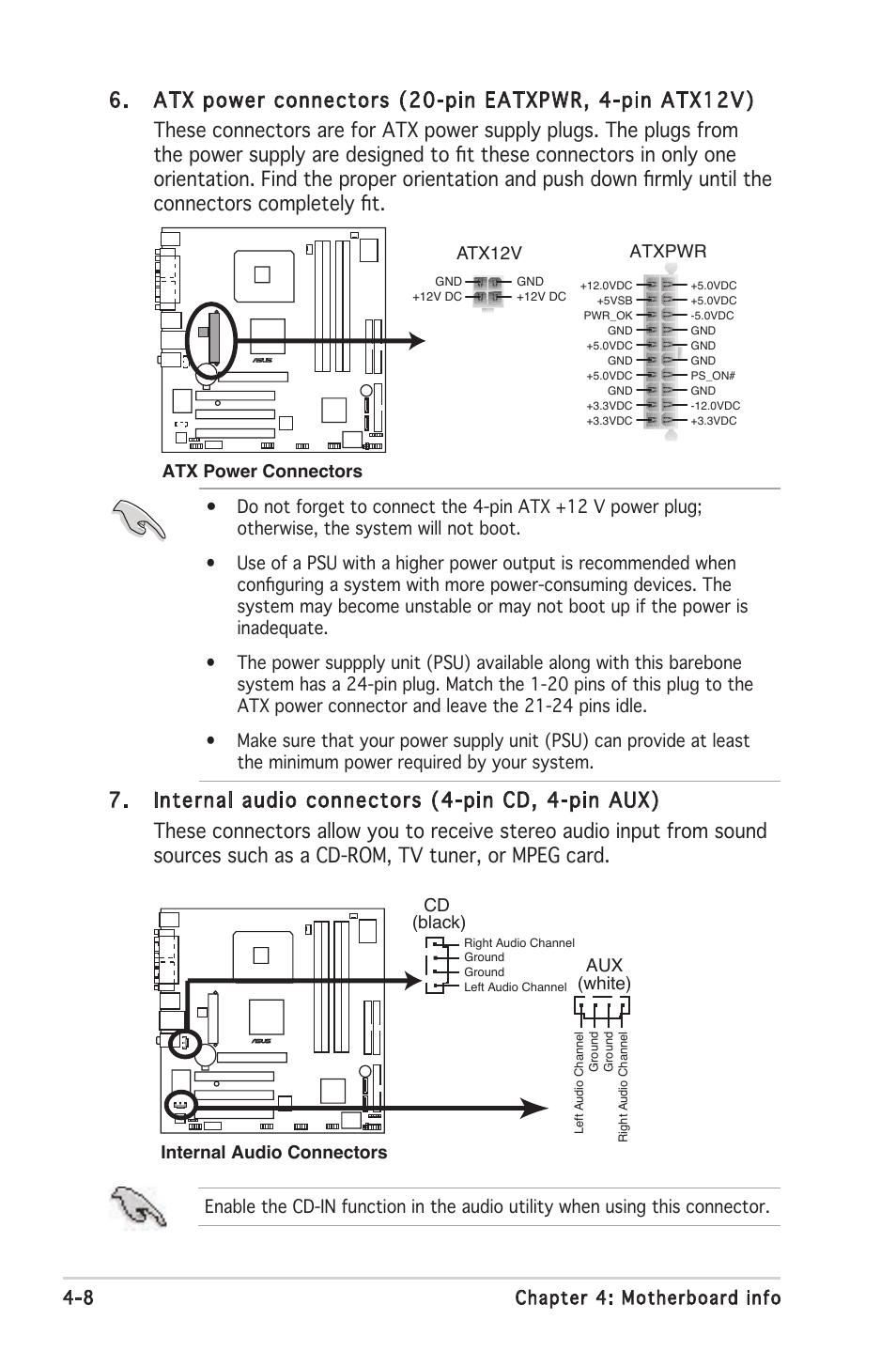 8 chapter 4: motherboard info, Atx12v, Atxpwr | Internal audio connectors, Aux (white) cd (black) | Asus V2-PE3 User Manual | Page 58 / 85