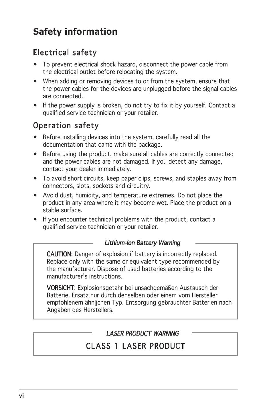 Safety information, Electrical safety, Operation safety | Class 1 laser product | Asus V2-PE3 User Manual | Page 6 / 85