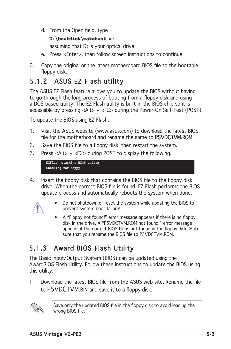 2 asus ez flash utility, 3 award bios flash utility, P5vdctvm | Asus V2-PE3 User Manual | Page 65 / 85