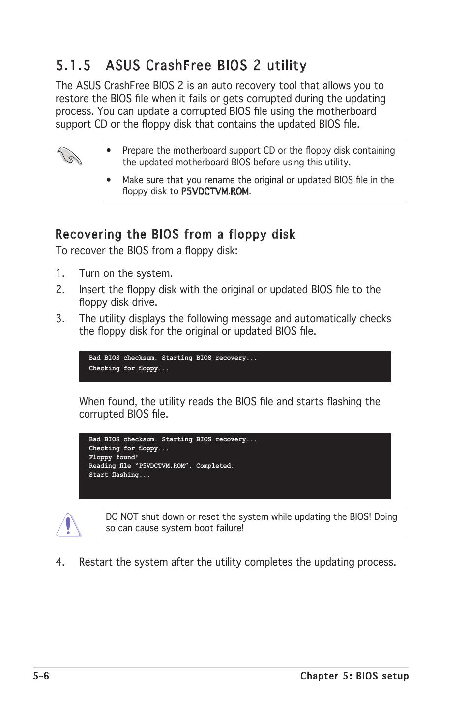 5 asus crashfree bios 2 utility, Recovering the bios from a floppy disk | Asus V2-PE3 User Manual | Page 68 / 85