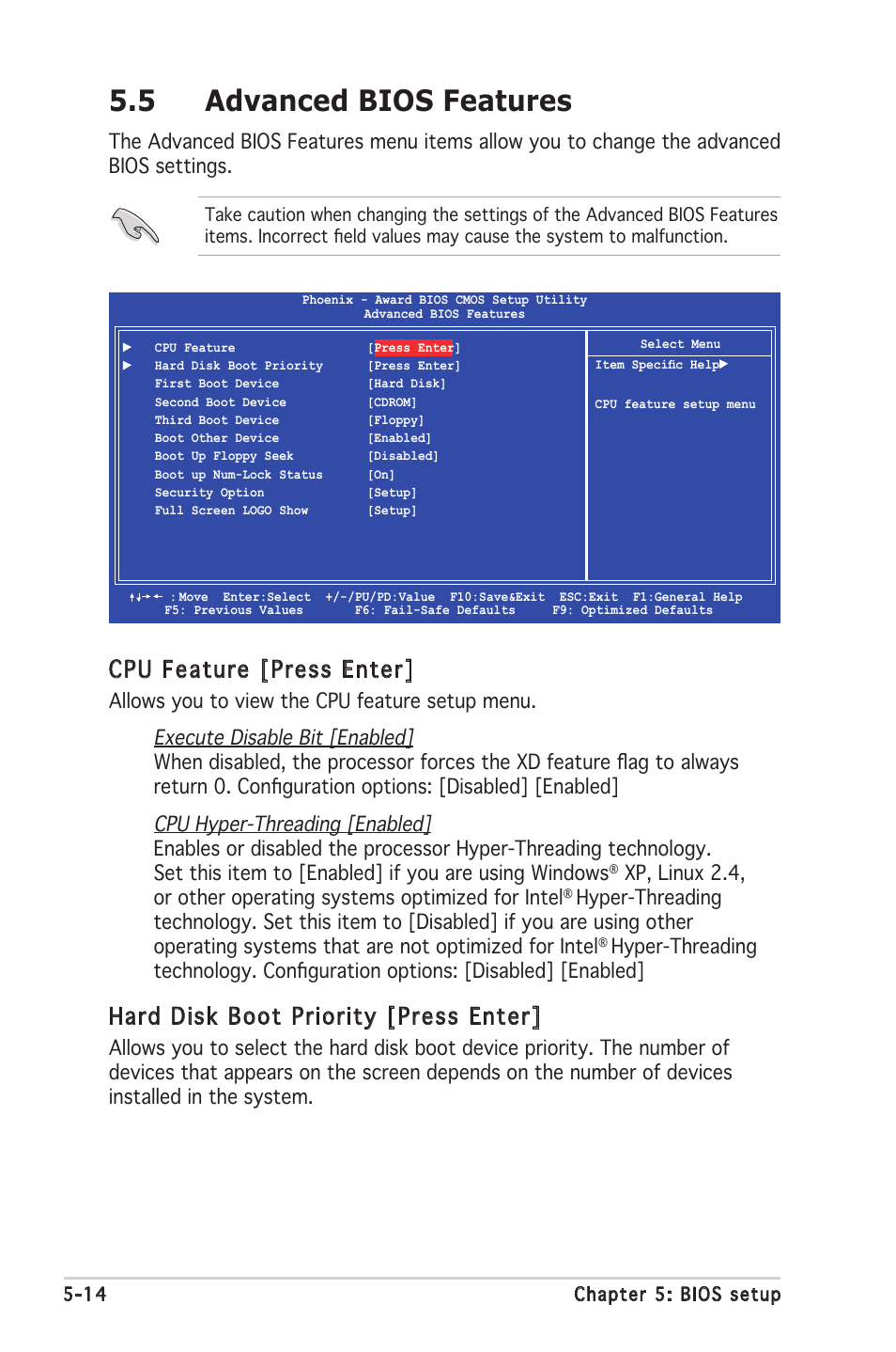 5 advanced bios features, Cpu feature [press enter, Hard disk boot priority [press enter | Asus V2-PE3 User Manual | Page 76 / 85