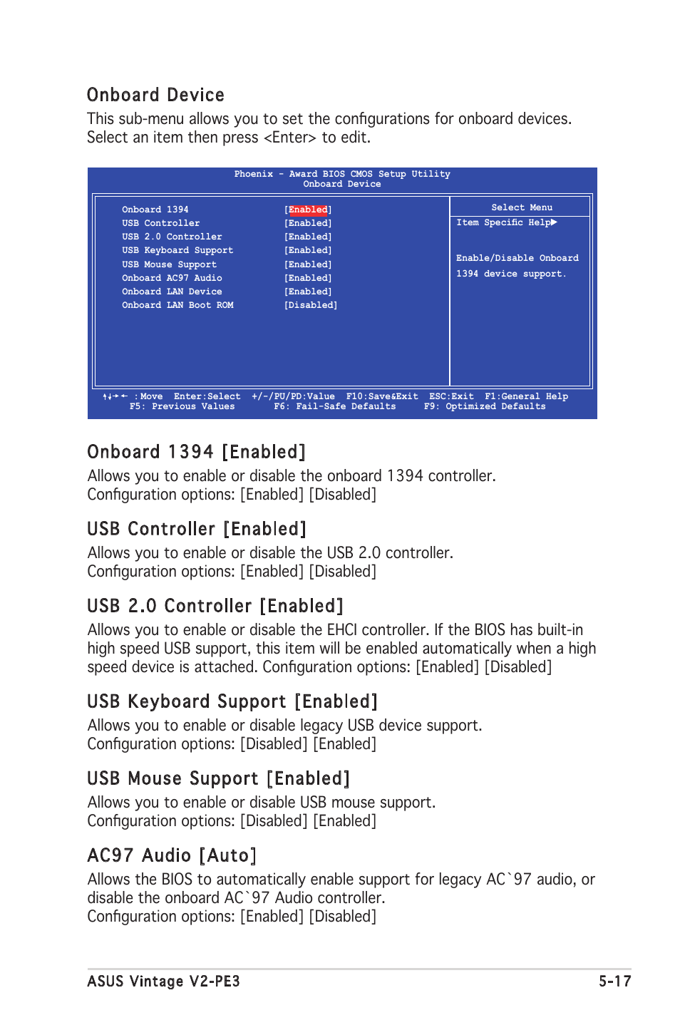 Onboard 1394 [enabled, Usb controller [enabled, Usb 2.0 controller [enabled | Usb keyboard support [enabled, Usb mouse support [enabled, Ac97 audio [auto, Onboard device | Asus V2-PE3 User Manual | Page 79 / 85