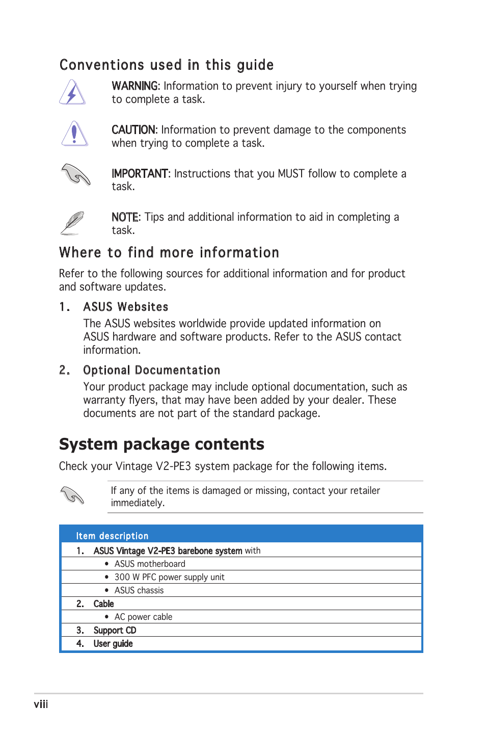 System package contents, Conventions used in this guide, Where to find more information | Asus V2-PE3 User Manual | Page 8 / 85