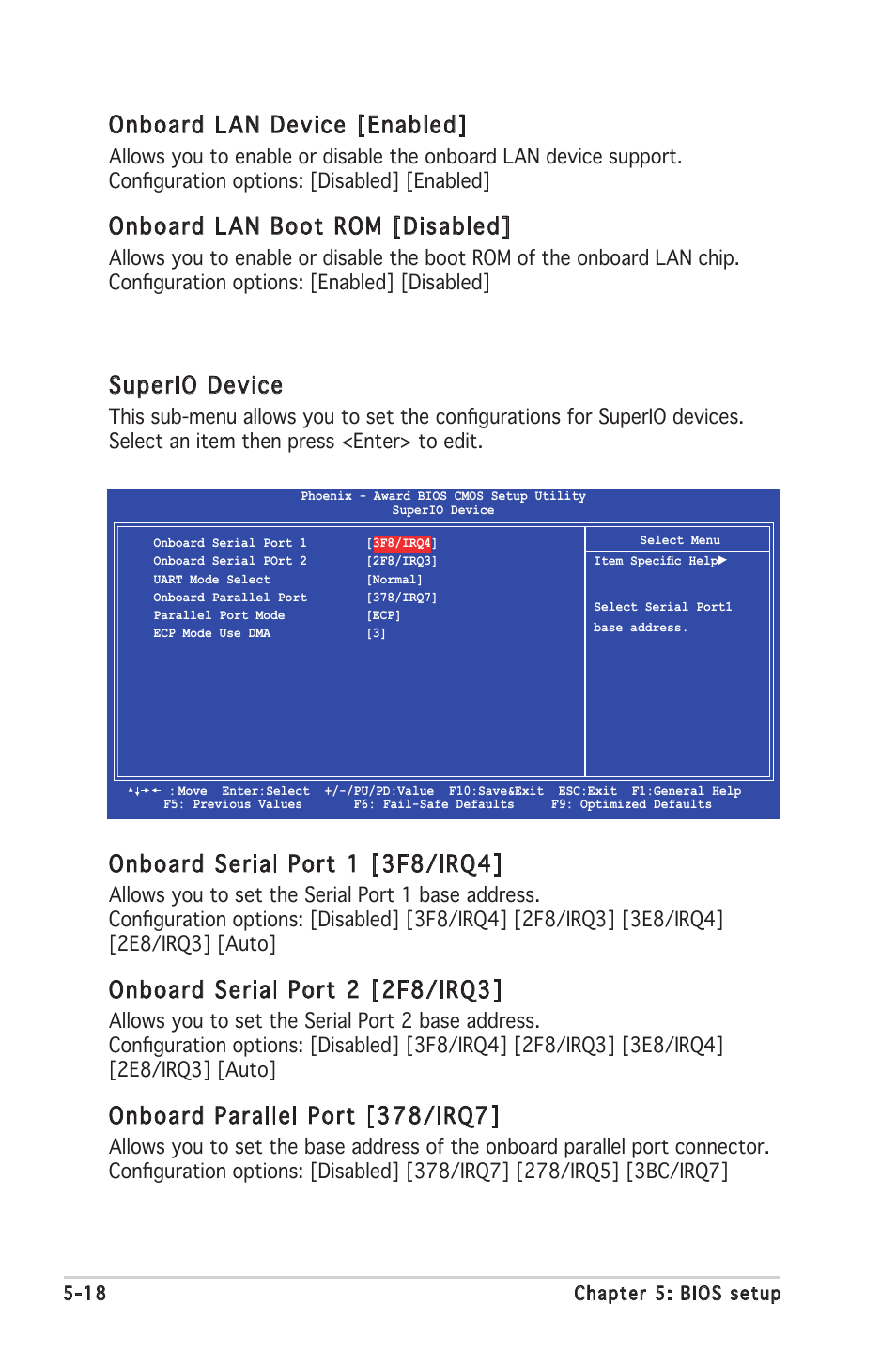 Onboard lan device [enabled, Onboard lan boot rom [disabled, Onboard serial port 1 [3f8/irq4 | Onboard serial port 2 [2f8/irq3, Onboard parallel port [378/irq7, Superio device | Asus V2-PE3 User Manual | Page 80 / 85